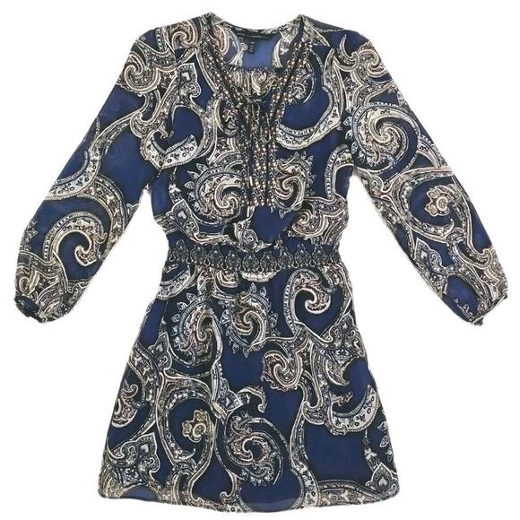 White House Black Market ~Woman Size 00Petite~Blue Paisley Print LS Dress Sheer. - Picture 11 of 14